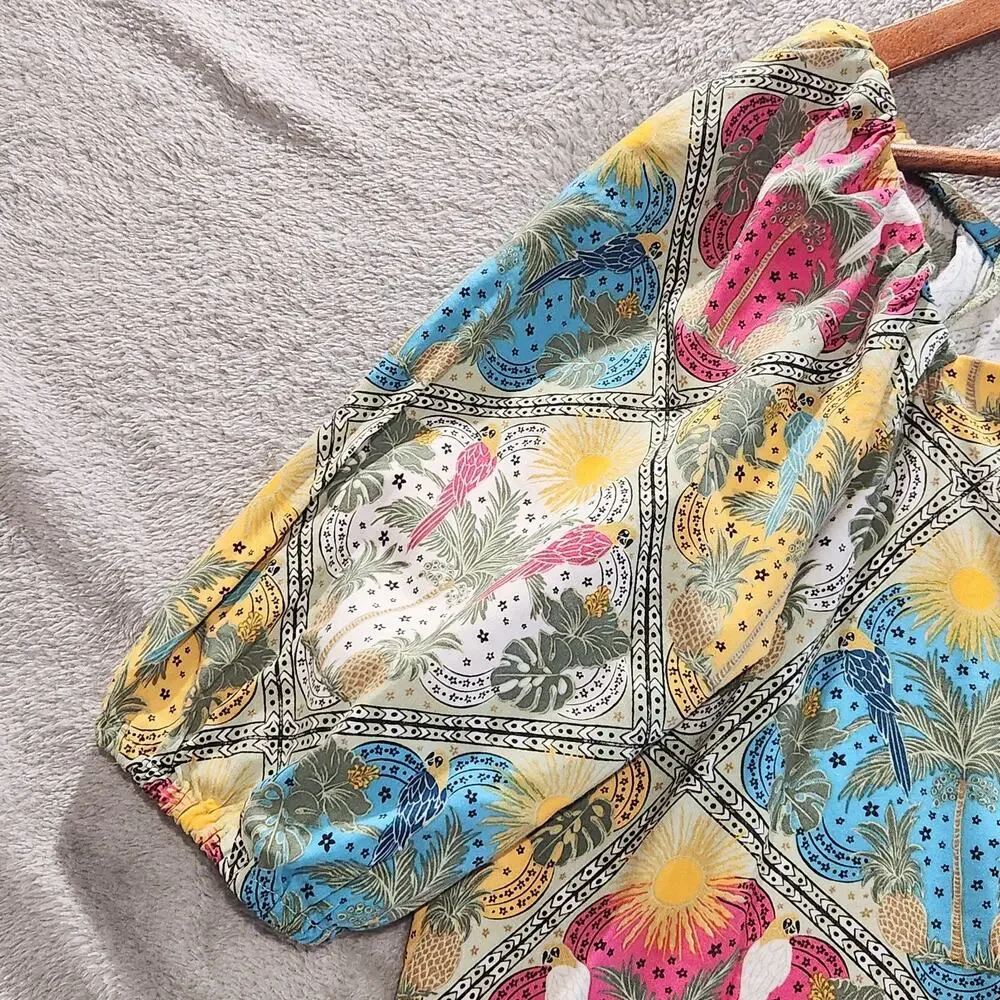 LOFT Palm Puff Sleeve Square Neck Tropical Blouse Size Medium Boho Resort Beach